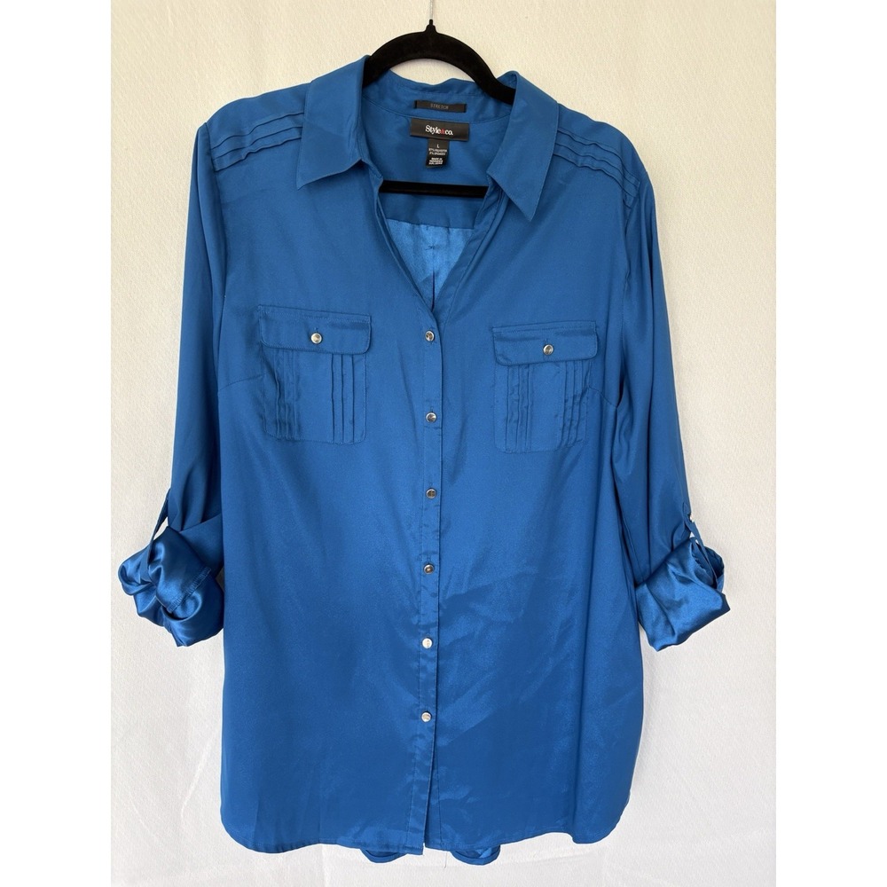 Style & Co. top blouse Size L Stretch long sleeve blue‎